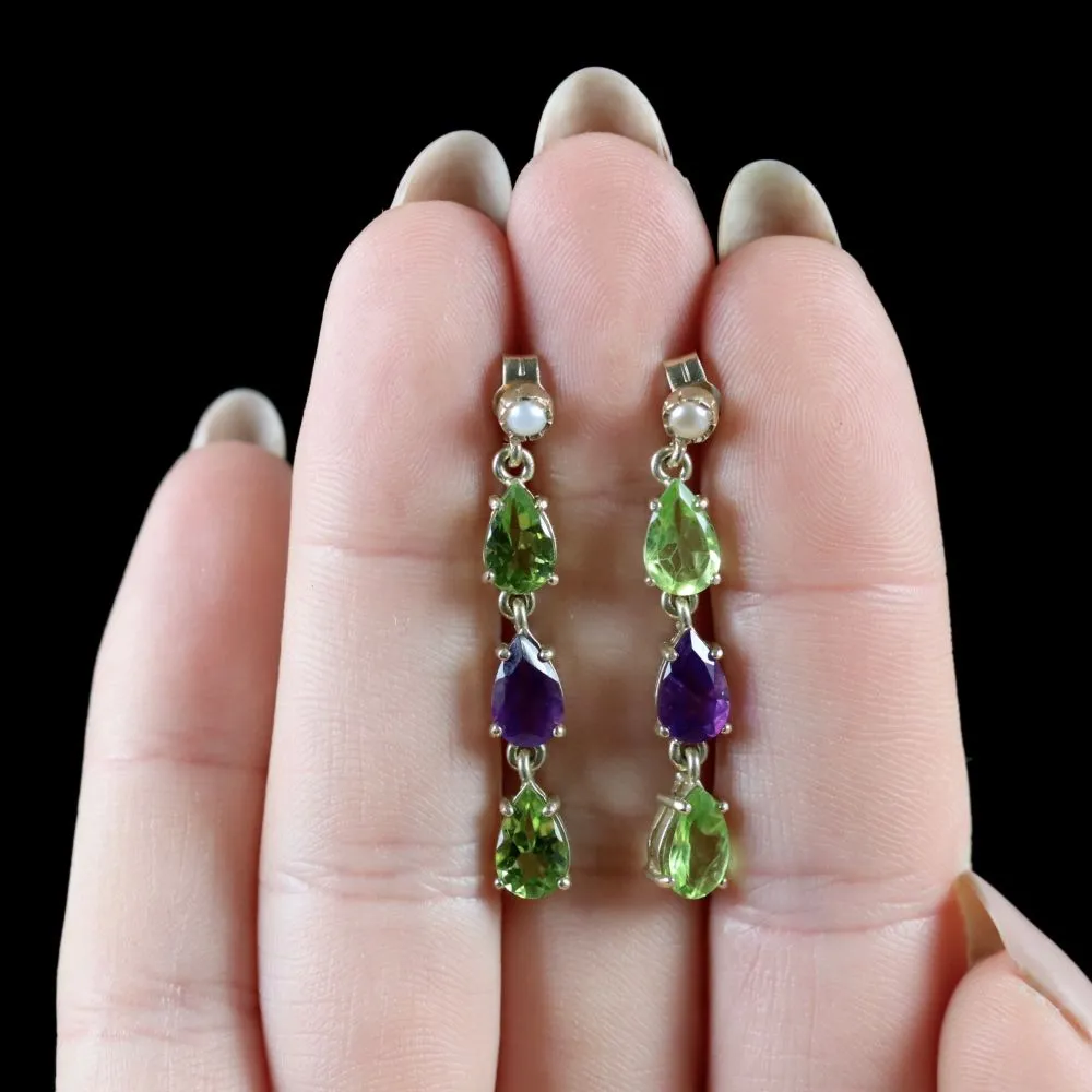 Suffragette Earrings 9Ct Gold Pearl Peridot Amethyst