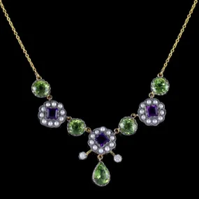 Suffragette Necklace 9Ct Gold Silver Amethyst Pearl Peridot Diamond