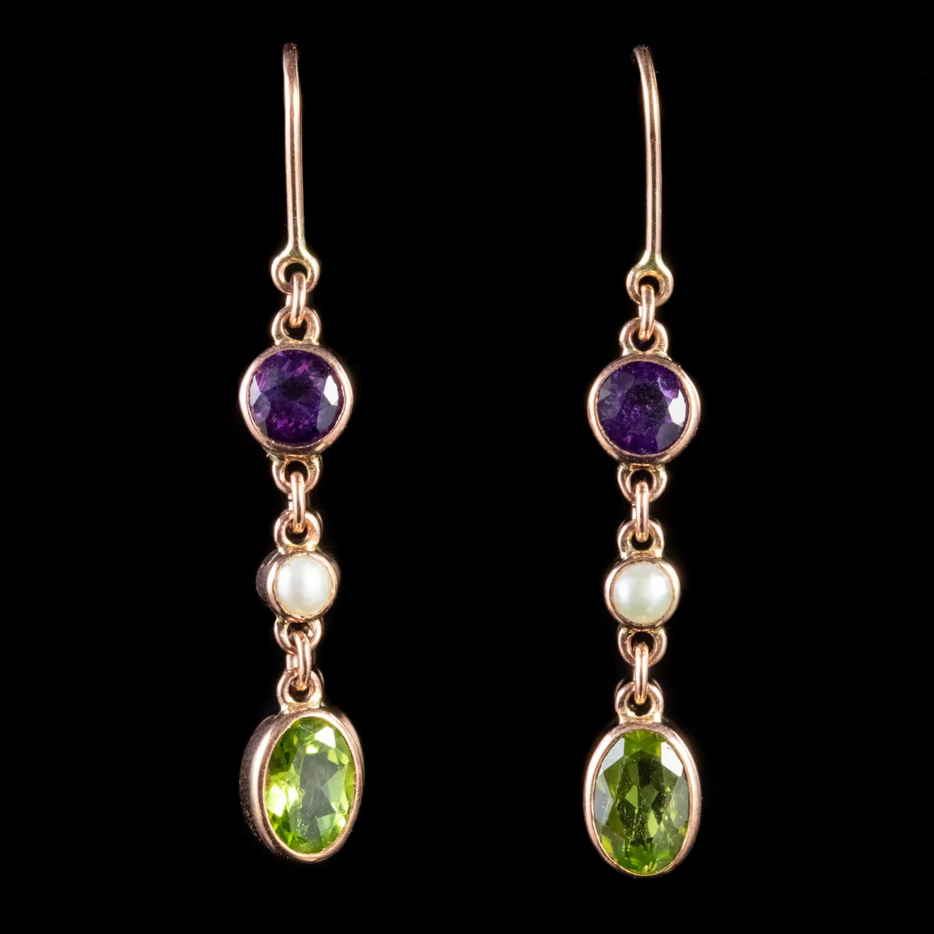 Suffragette Triple Drop Earrings 0.30Ct Amethyst 0.75Ct Peridot 9Ct Rose Gold