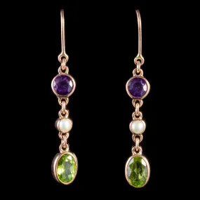 Suffragette Triple Drop Earrings 0.30Ct Amethyst 0.75Ct Peridot 9Ct Rose Gold