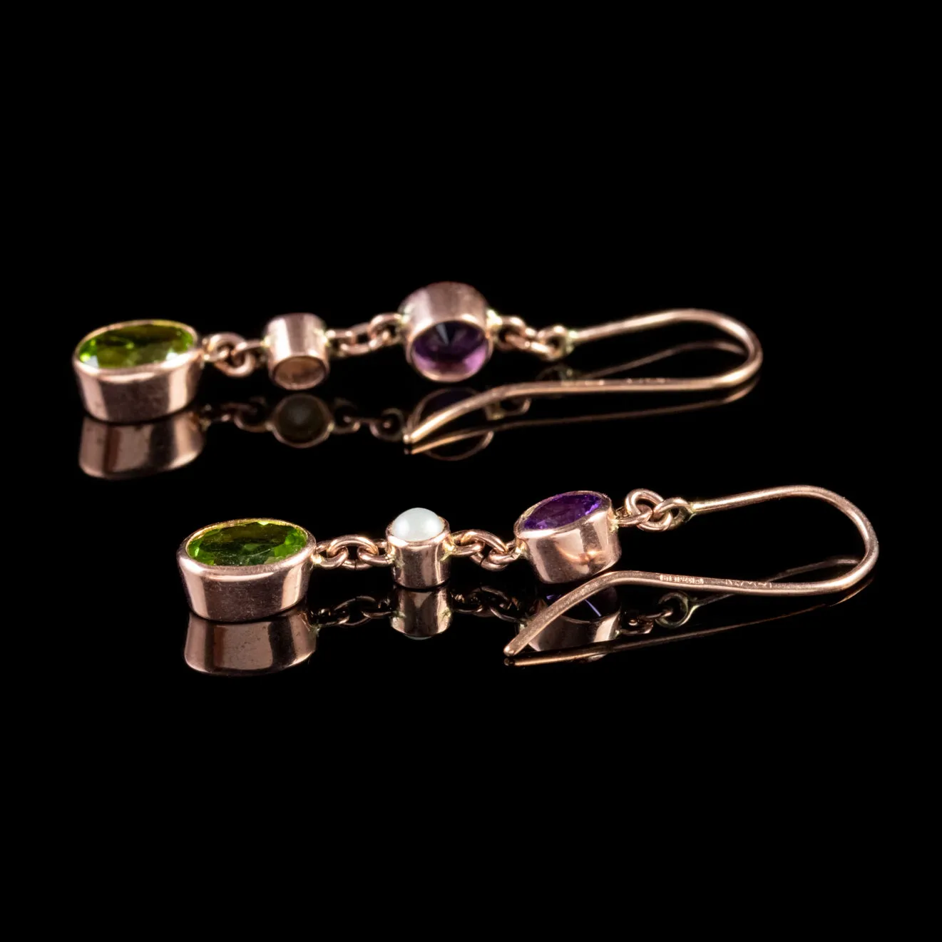 Suffragette Triple Drop Earrings 0.30Ct Amethyst 0.75Ct Peridot 9Ct Rose Gold