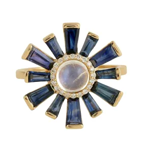 Tapered Baguette Sapphire Moonstone Diamond Sun Burst Design 18k Gold
