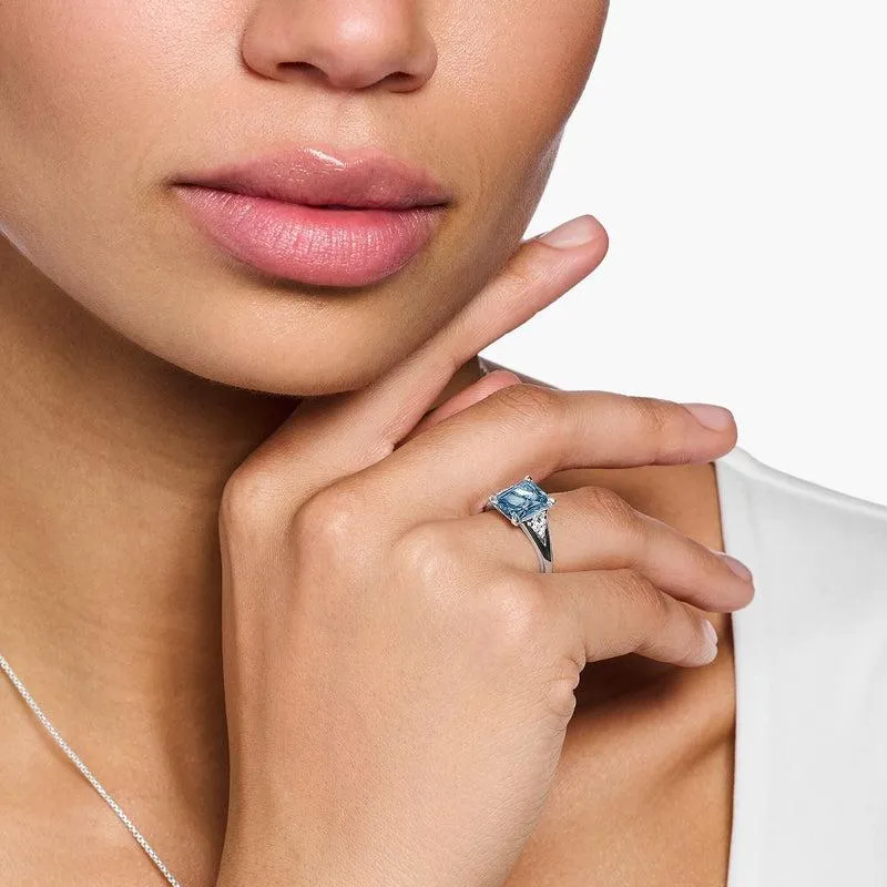 Thomas Sabo Ring with Aquamarine-Coloured and White Stones - Silver