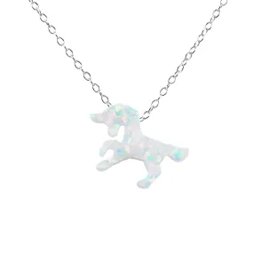 Unicorn Necklace White Lab-Created Opal Pendant 925 Sterling Silver Chain