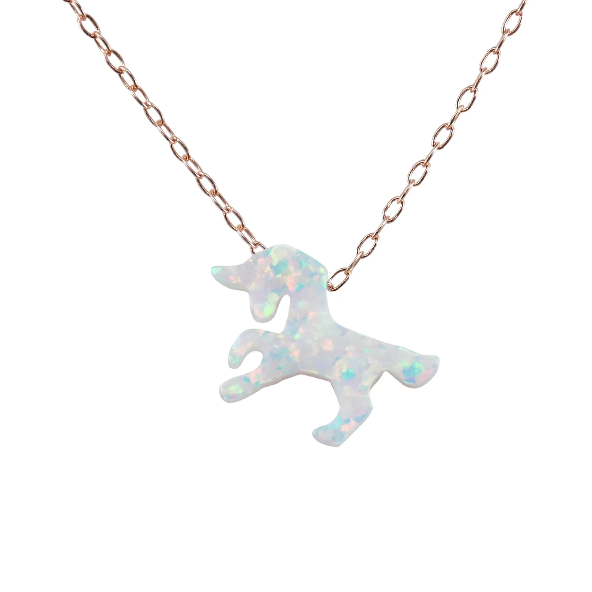 Unicorn Necklace White Lab-Created Opal Pendant 925 Sterling Silver Chain