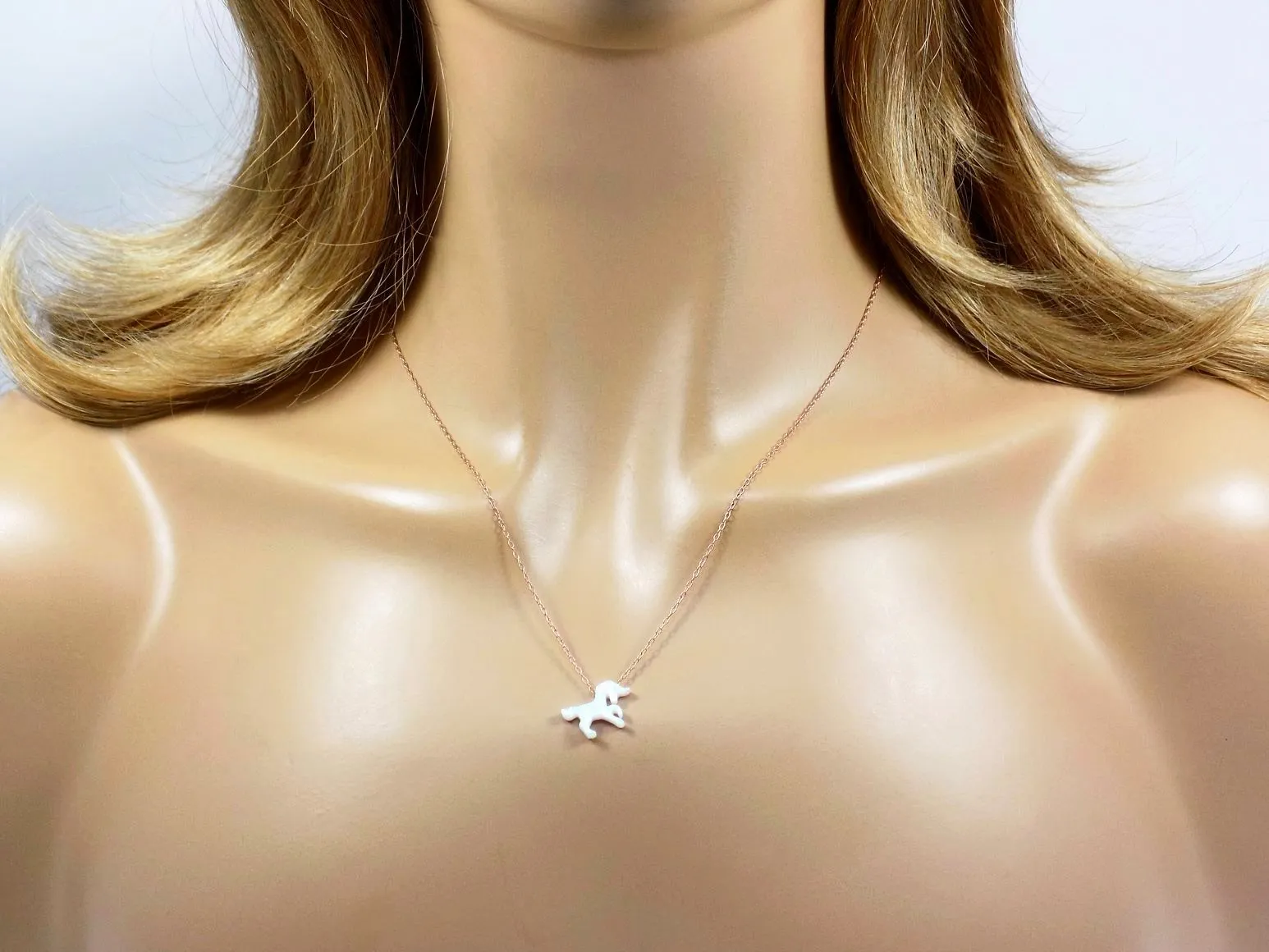 Unicorn Necklace White Lab-Created Opal Pendant 925 Sterling Silver Chain