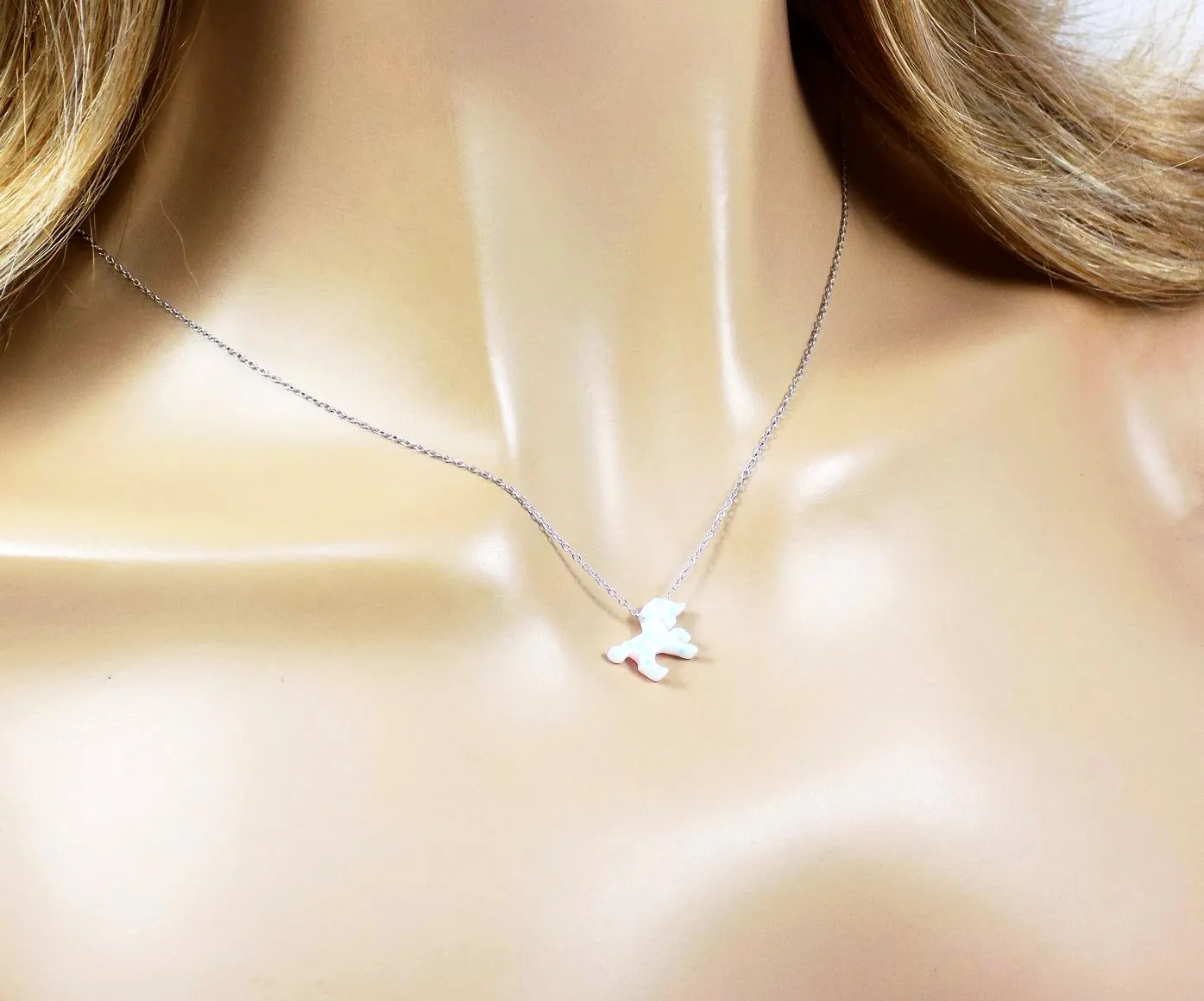 Unicorn Necklace White Lab-Created Opal Pendant 925 Sterling Silver Chain