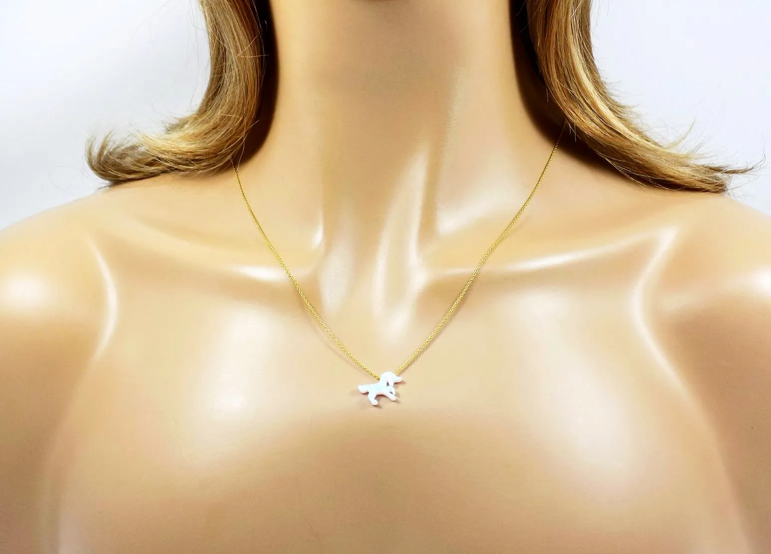 Unicorn Necklace White Lab-Created Opal Pendant 925 Sterling Silver Chain