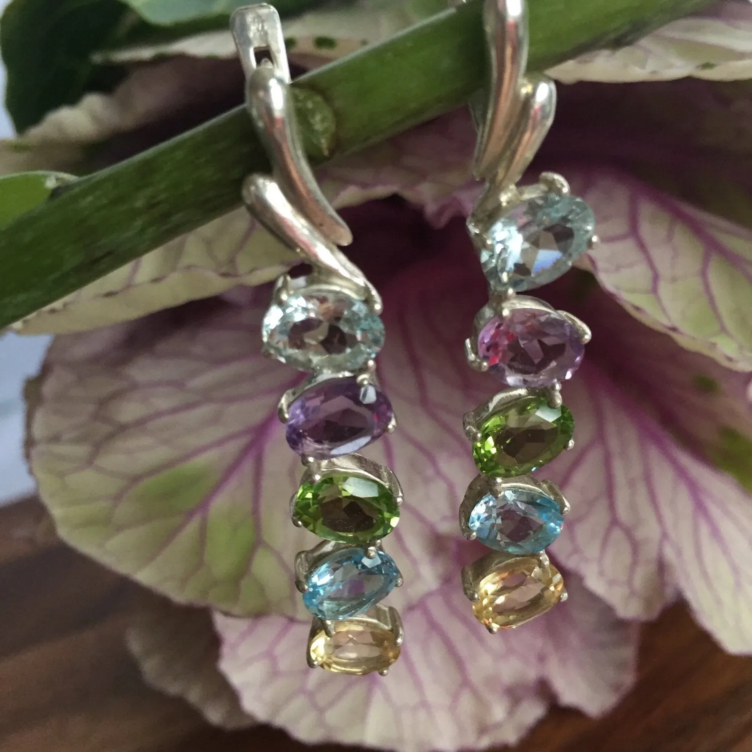 Vertical Gemstone Earrings, Natural Topaz Earrings, Natural Multi Gemstone Earrings