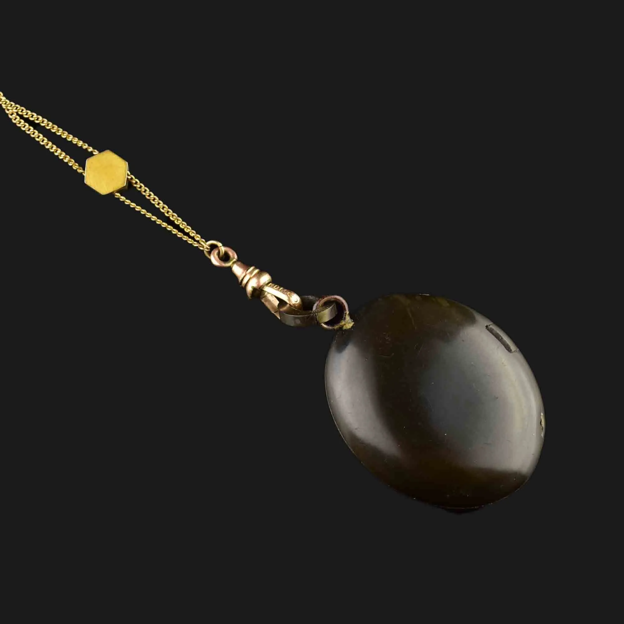 Victorian 10K Gold Gutta Percha Locket Muff Guard Necklace