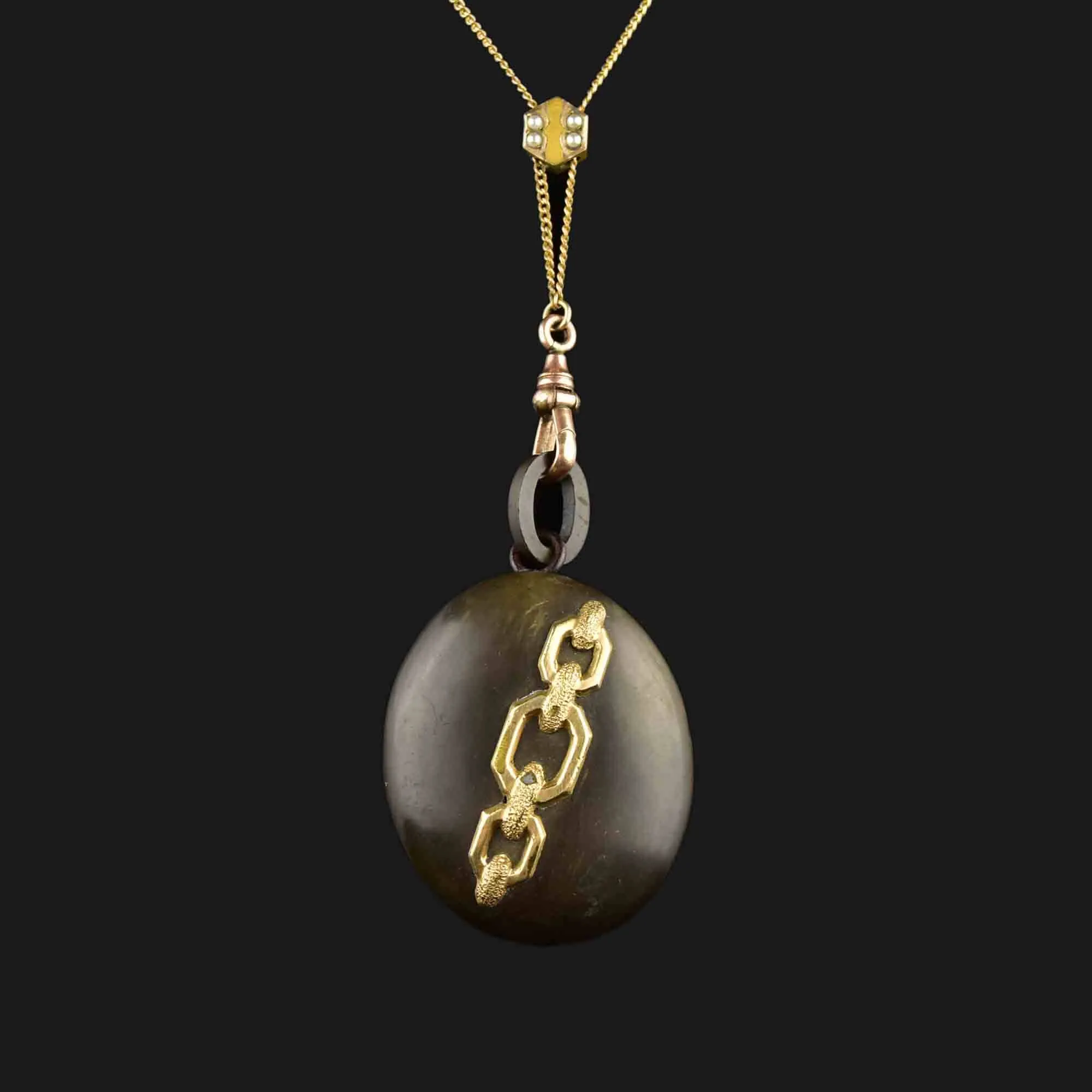 Victorian 10K Gold Gutta Percha Locket Muff Guard Necklace