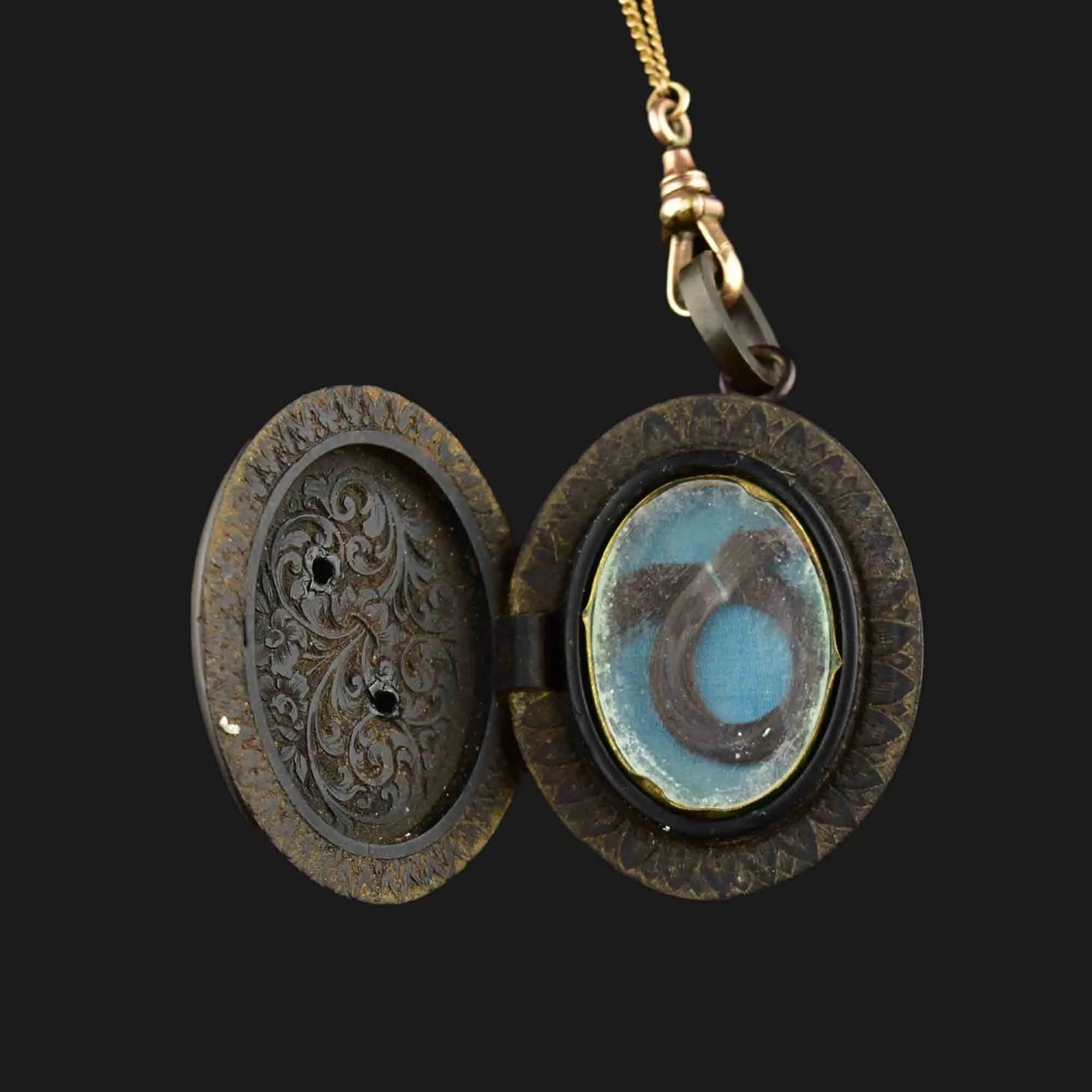 Victorian 10K Gold Gutta Percha Locket Muff Guard Necklace