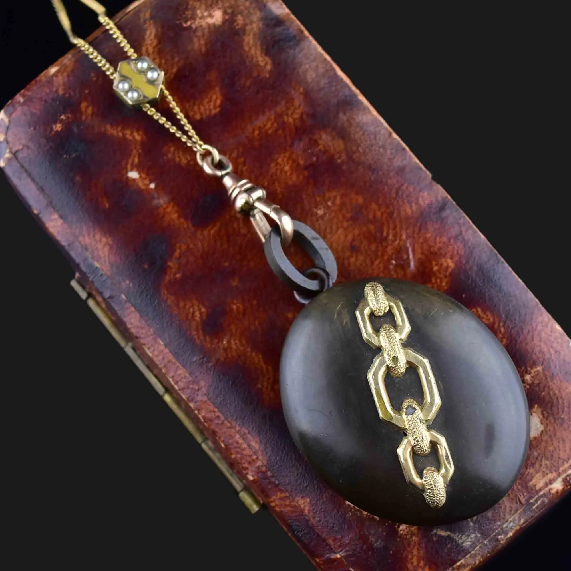 Victorian 10K Gold Gutta Percha Locket Muff Guard Necklace