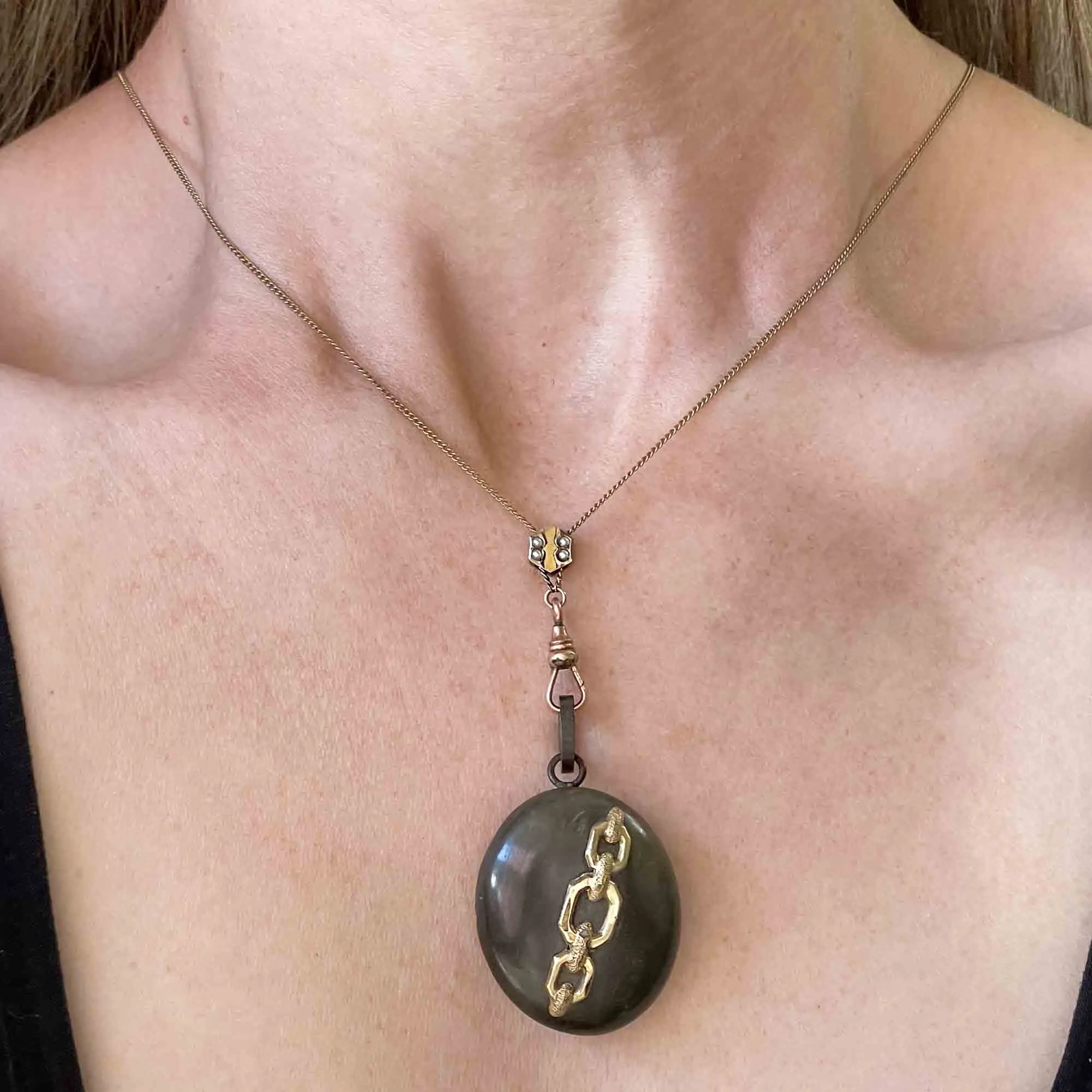 Victorian 10K Gold Gutta Percha Locket Muff Guard Necklace