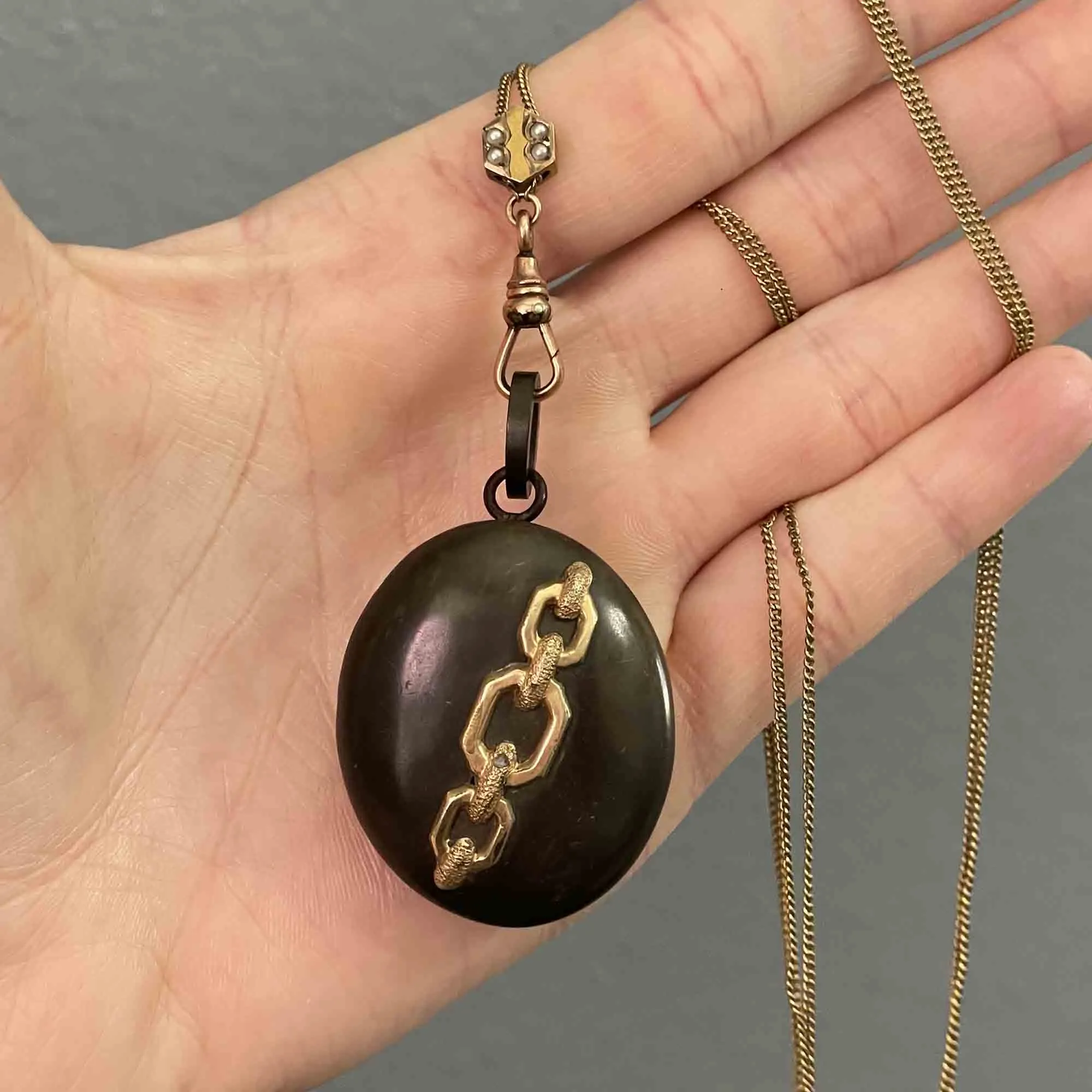 Victorian 10K Gold Gutta Percha Locket Muff Guard Necklace
