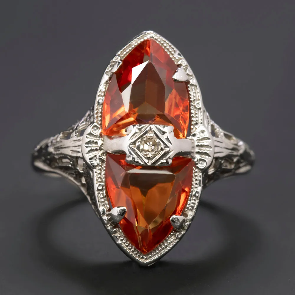 VINTAGE DIAMOND ORANGE COCKTAIL GEMSTONE RING 14k WHITE GOLD FILIGREE SHIELD