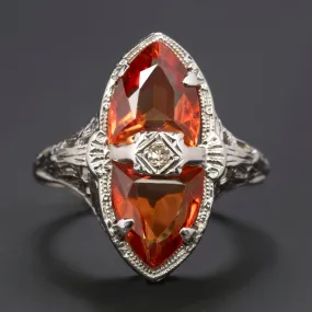 VINTAGE DIAMOND ORANGE COCKTAIL GEMSTONE RING 14k WHITE GOLD FILIGREE SHIELD