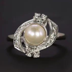VINTAGE PEARL DIAMOND  RING MID CENTURY COCKTAIL 14k WHITE GOLD NATURAL BYPASS