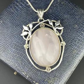 Vintage Silver Large Rose Quartz Art Nouveau Style Pendant Necklace