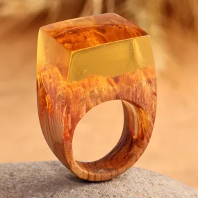 Warm-Toned Resin and Armenian Pear Wood Cocktail Ring - Summer Energy | NOVICA