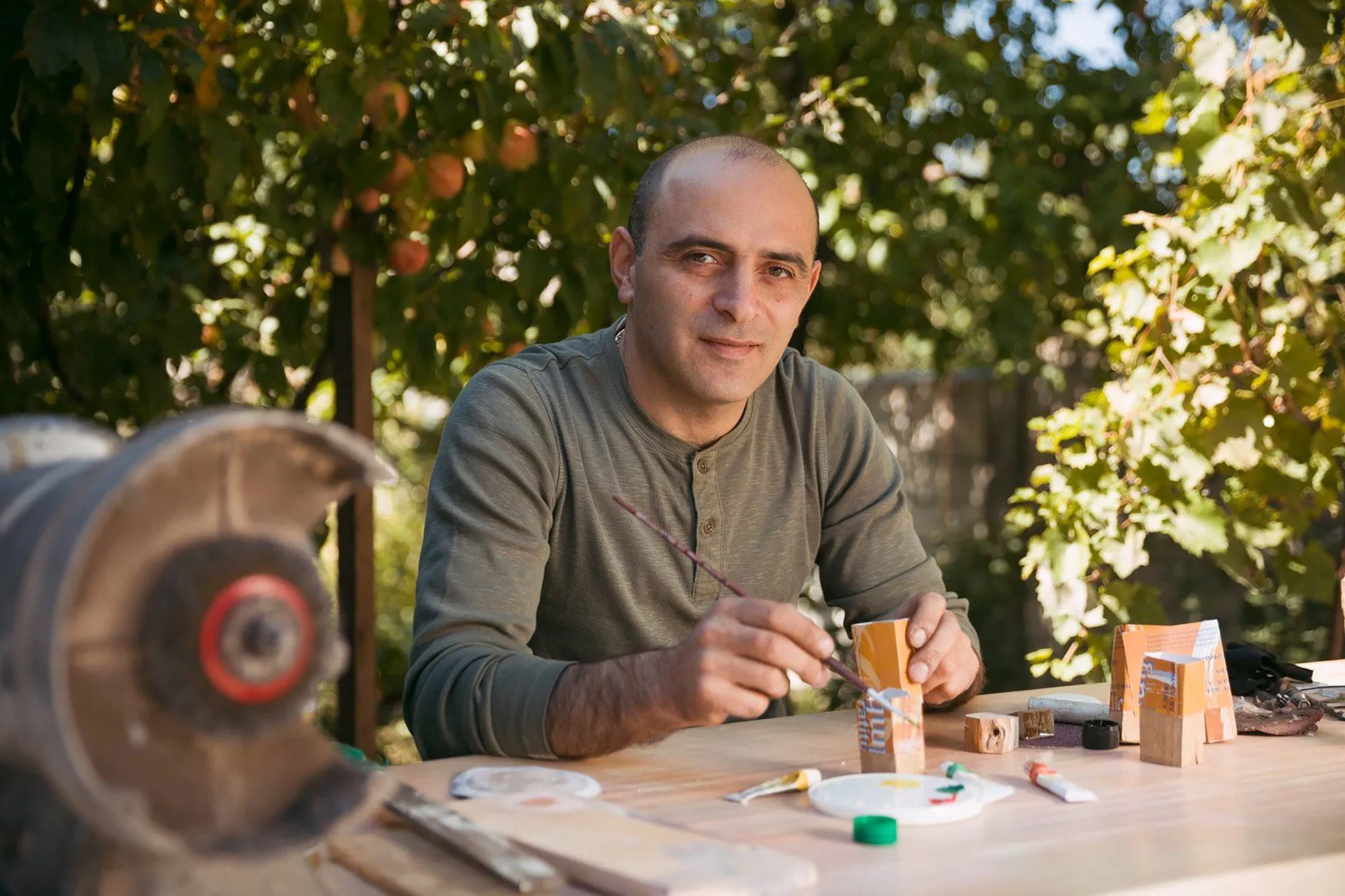 Warm-Toned Resin and Armenian Pear Wood Cocktail Ring - Summer Energy | NOVICA