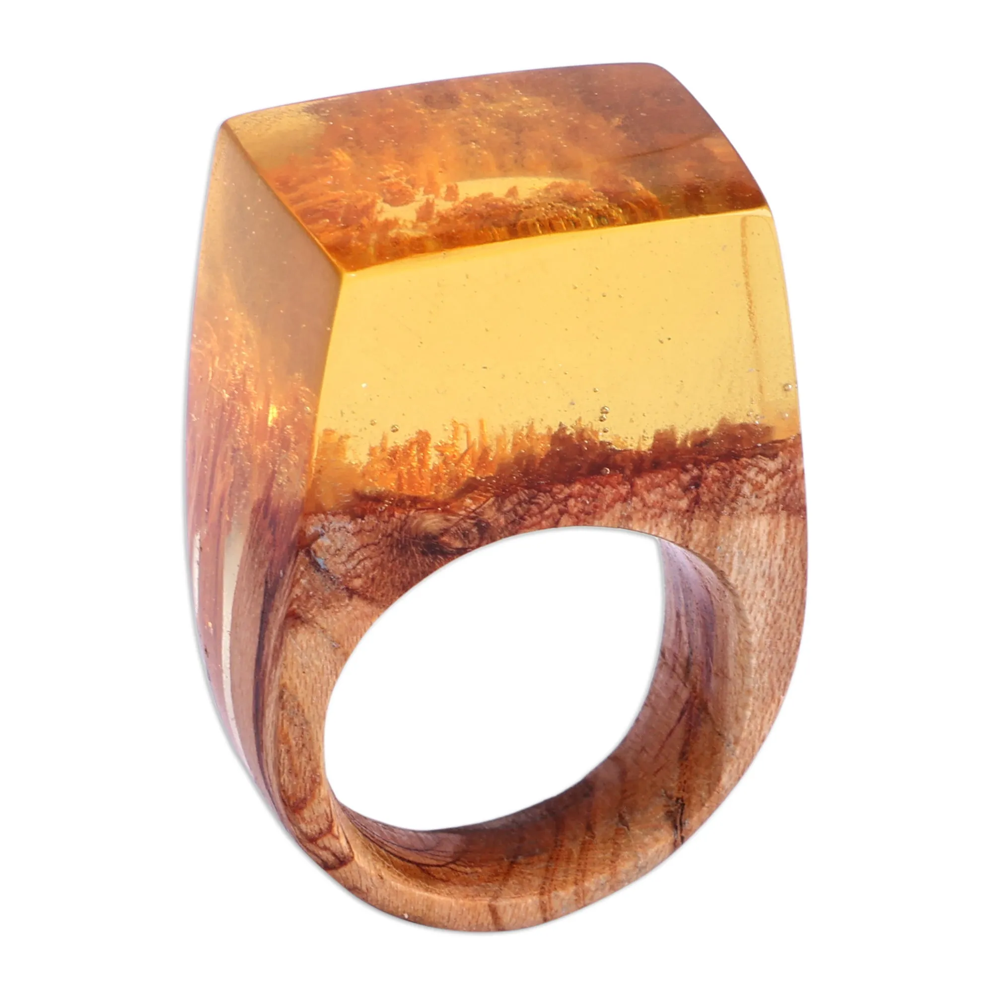Warm-Toned Resin and Armenian Pear Wood Cocktail Ring - Summer Energy | NOVICA