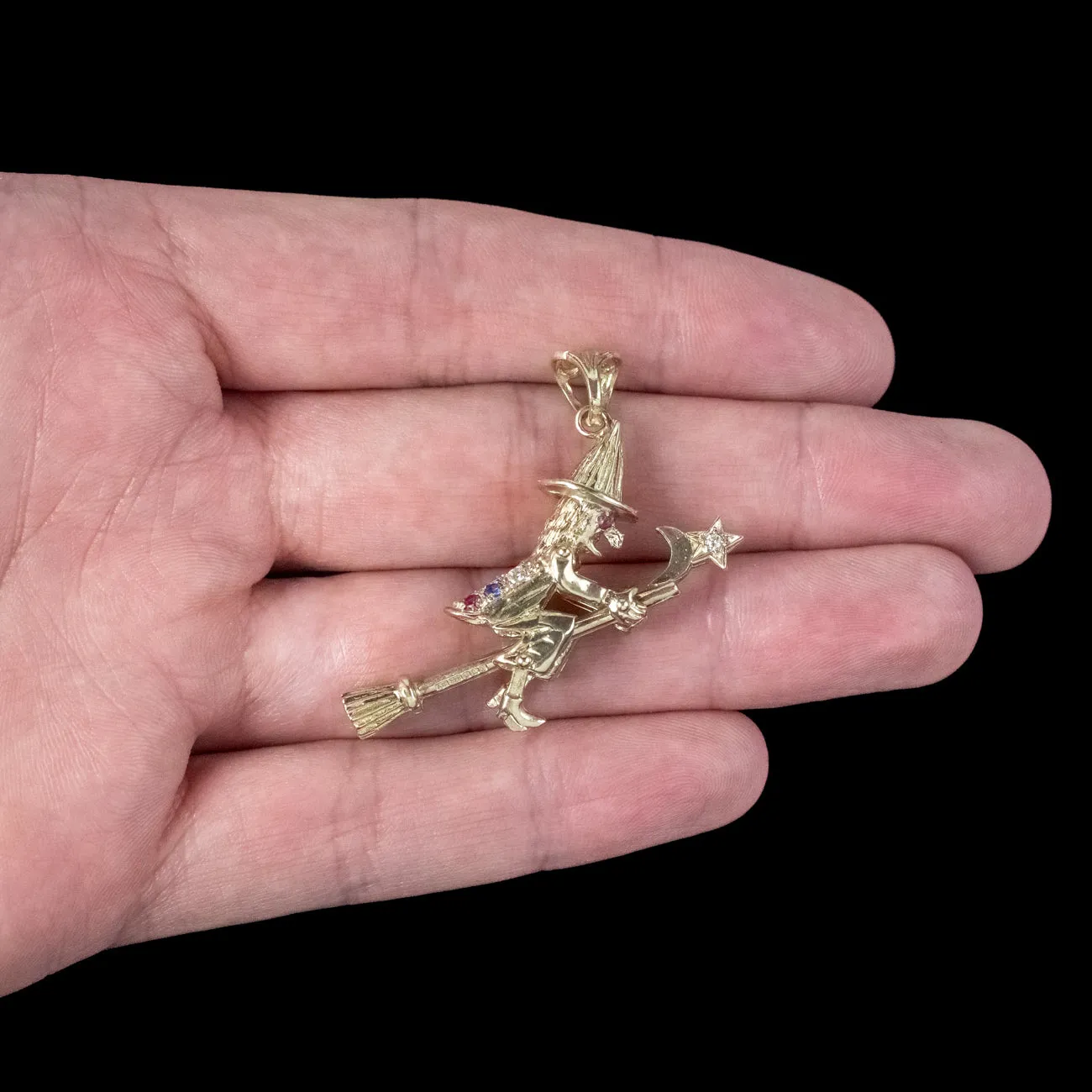 Witch On Broomstick Pendant 9ct Gold Diamond Ruby Sapphire Dated 1999