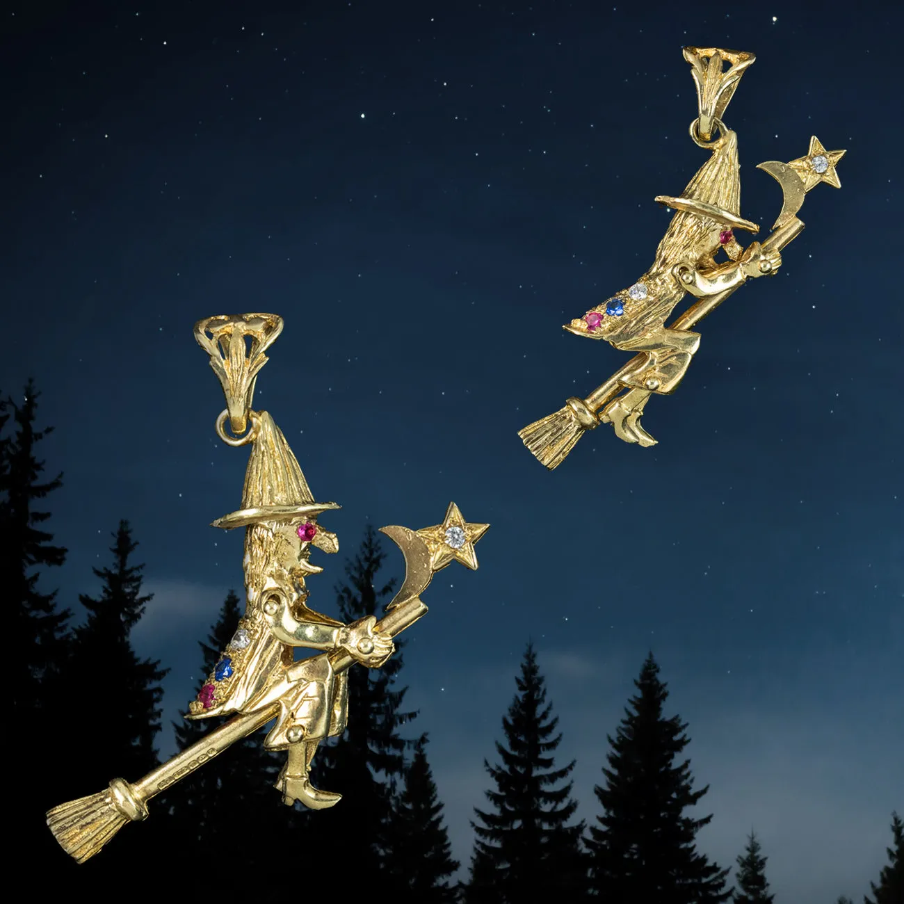 Witch On Broomstick Pendant 9ct Gold Diamond Ruby Sapphire Dated 1999