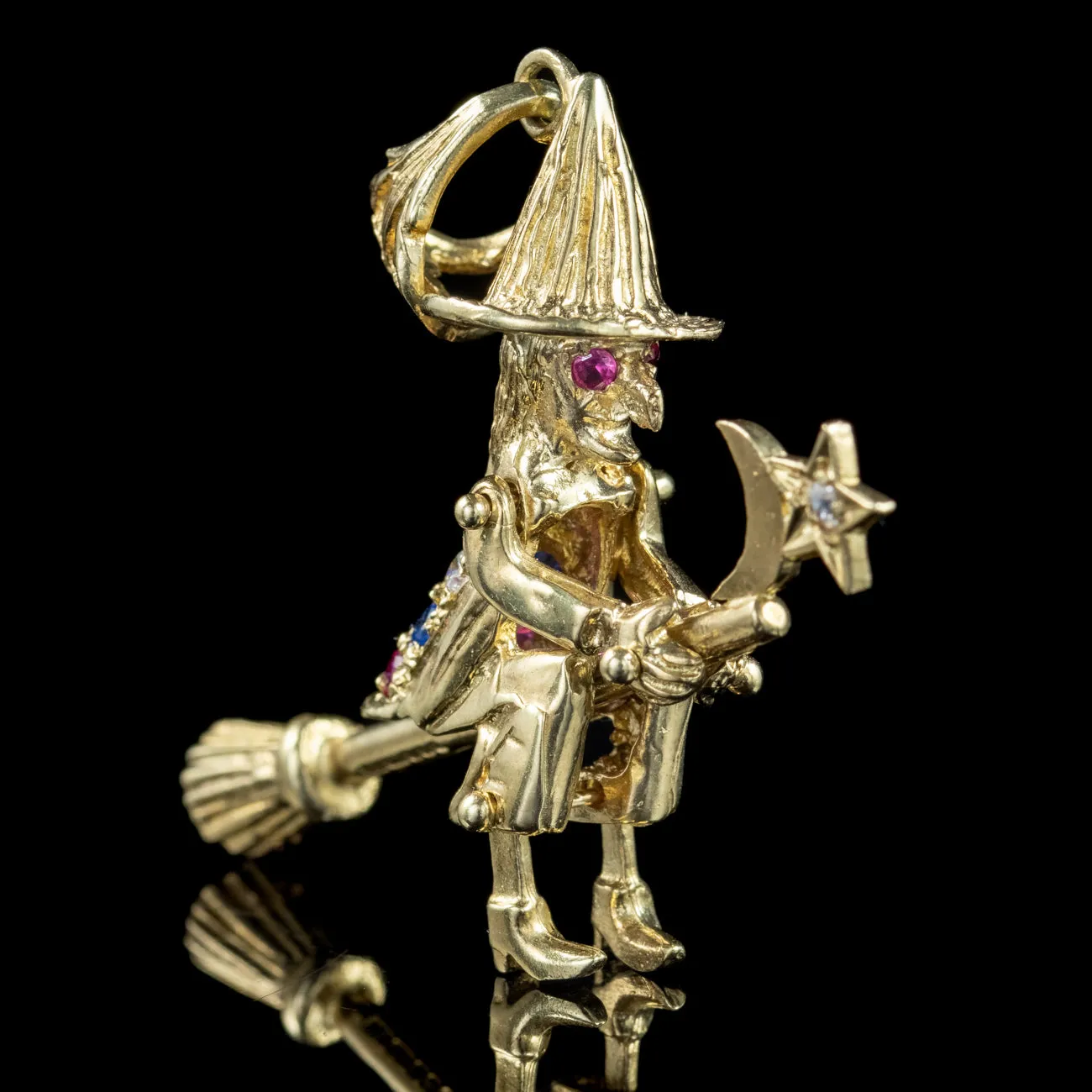 Witch On Broomstick Pendant 9ct Gold Diamond Ruby Sapphire Dated 1999