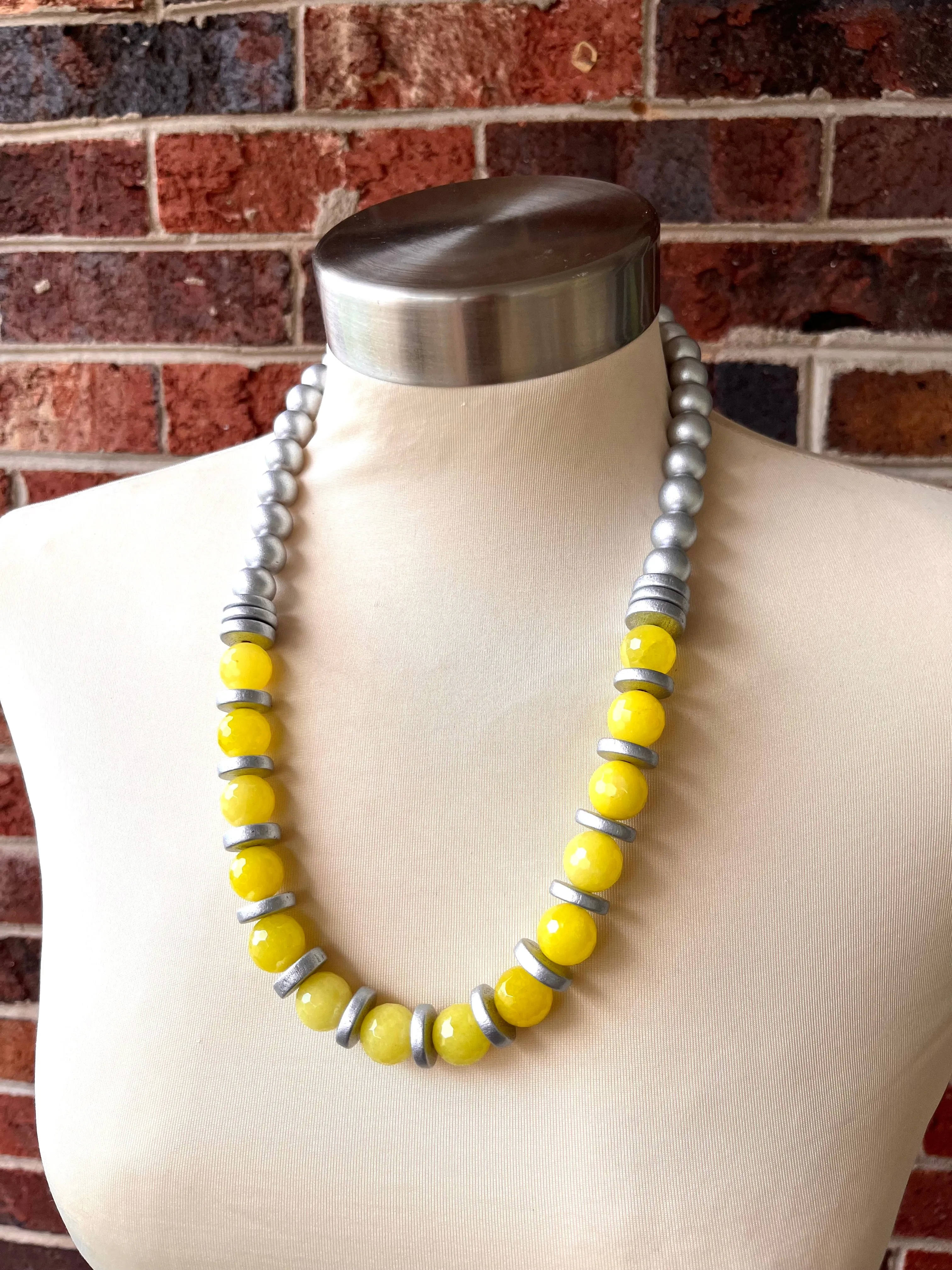 Yellow Silver Statement Long Bead Chunky Jade Necklace - Mollie