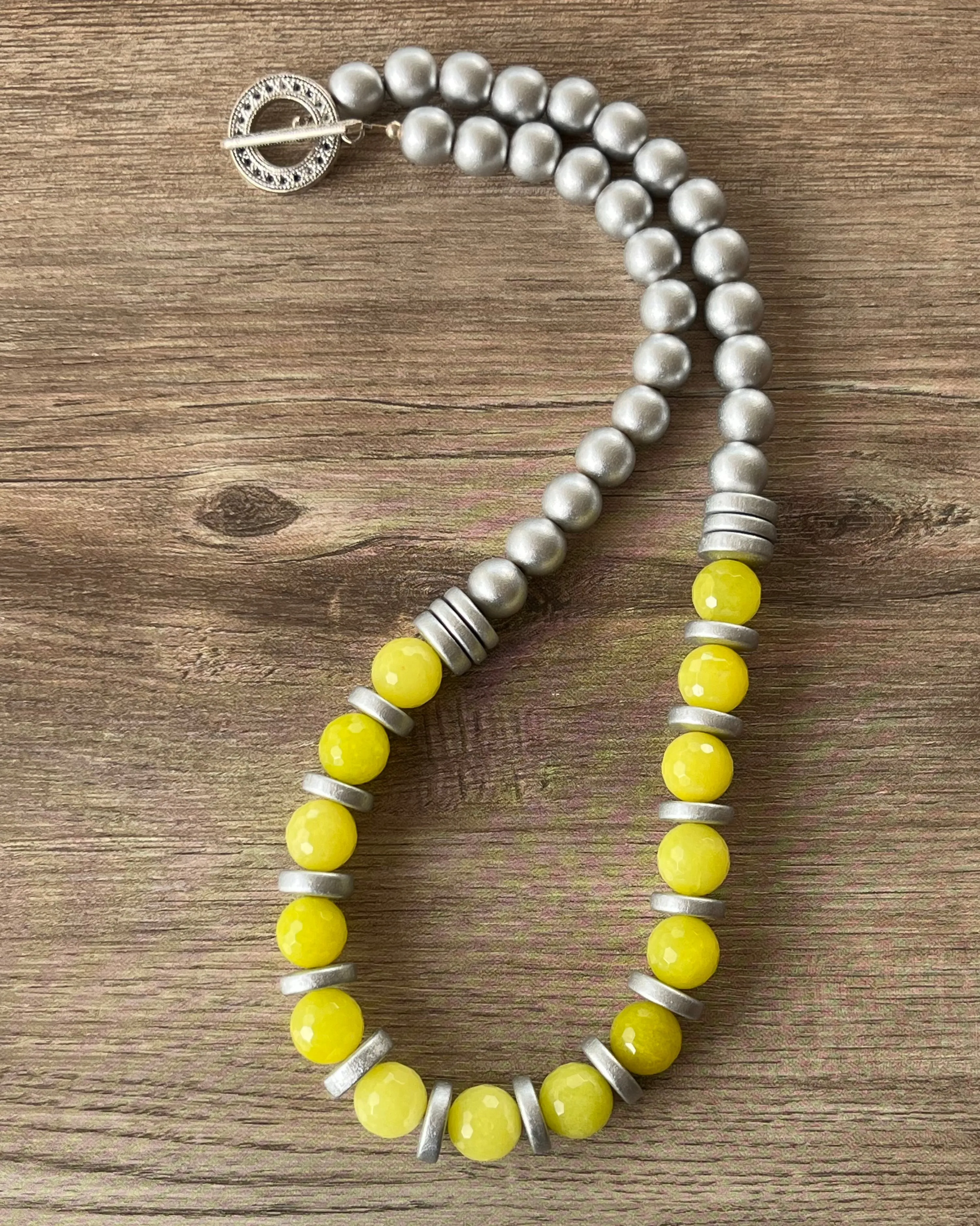 Yellow Silver Statement Long Bead Chunky Jade Necklace - Mollie