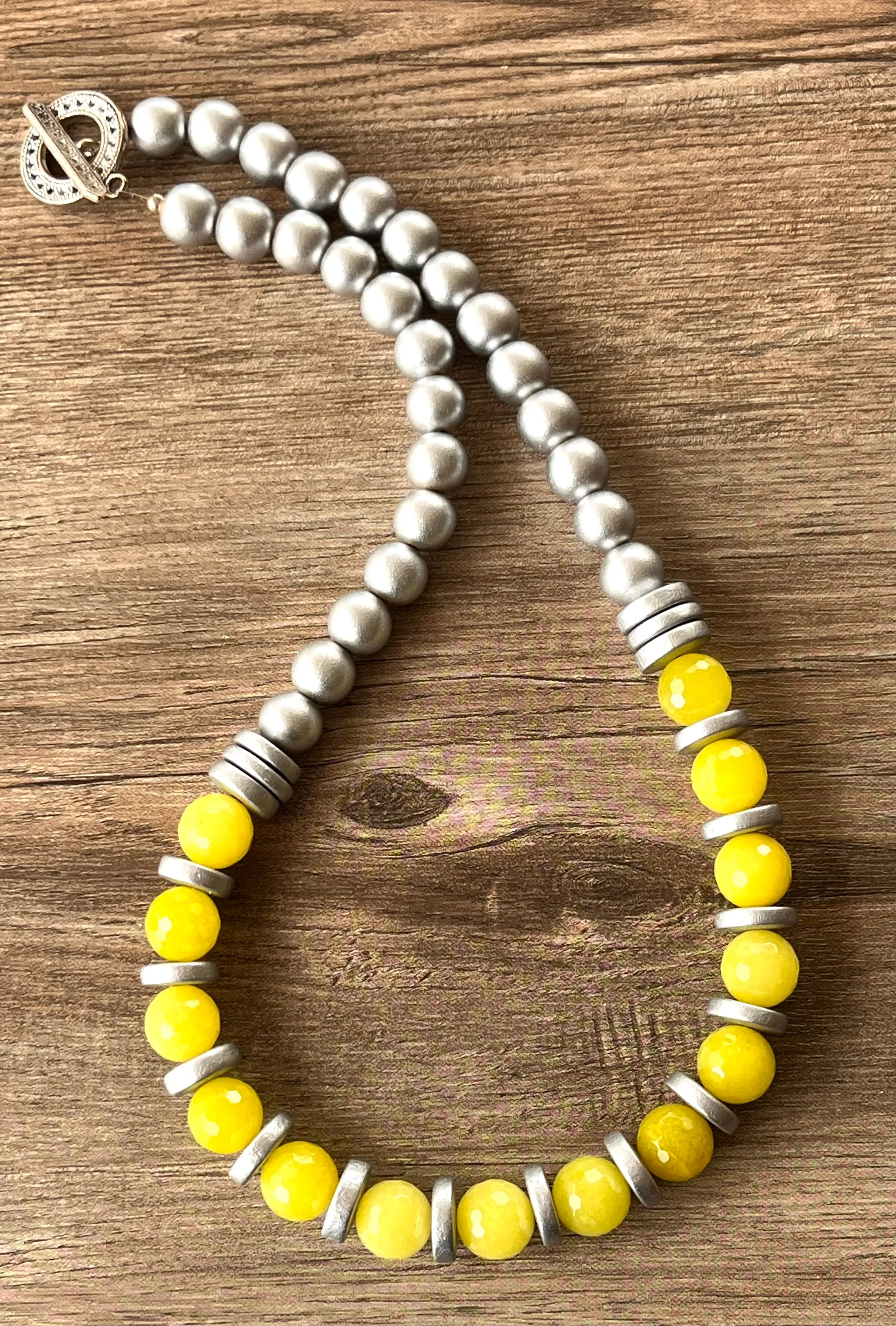 Yellow Silver Statement Long Bead Chunky Jade Necklace - Mollie